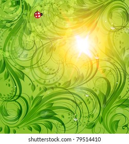 Abstract bright summer vector floral background with flowers, ladybird and sun shine. eps 10.