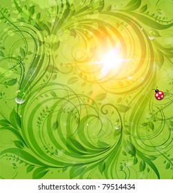 Abstract bright summer vector floral background with flowers, ladybird and sun shine. eps 10.