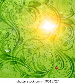 Abstract bright summer or summer vector floral background with flowers, ladybird and sun shine. eps 10.