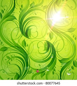 Abstract bright summer or summer vector floral background with flowers, ladybird and sun shine. eps 10.