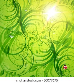 Abstract bright summer or summer vector floral background with flowers, ladybird and sun shine. eps 10.