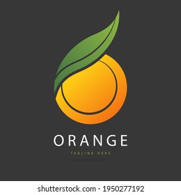 Abstract bright taste fruit citrus orange logo with green leaf sign.Design template fresh icon,juice concentrate symbol from curved lines.Print for pattern textile fabric.Vector isolated illustration