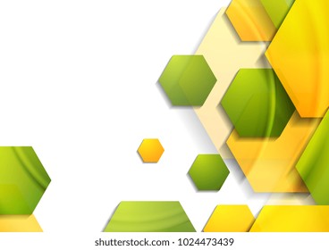 Resumen de fondo geométrico tecnológico brillante con hexágonos naranja y verde. Diseño gráfico de vectores