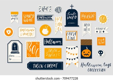 Abstract bright textured colored Halloween's printable tags collection. Love, heart, holiday sticker kit. Vector illustration