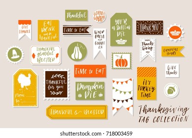 Abstract bright textured colored Thanksgiving day printable tags collection.Thankful, grateful, blessed holiday sticker kit. Vector illustration.