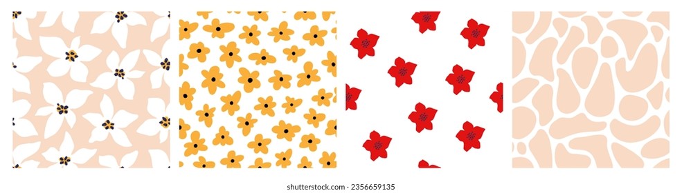 Abstract Bright Tiny Flower Seamless Pattern Big Set. Colorful Organic Floral Shapes Creative Print. Vector Illustration. Trendy Bold Daisy, Poppies Pattern for Wallpaper, Wrapping Paper, Packaging.