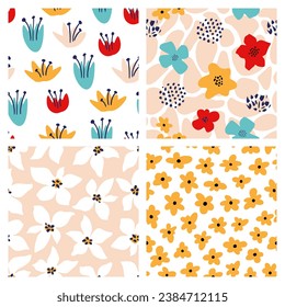 Abstract Bright Tiny Flower Seamless Pattern Big Set. Colorful Organic Floral Shapes Creative Print. Vector Illustration. Trendy Bold Daisy, Poppies Pattern for Wallpaper, Wrapping Paper, Packaging.