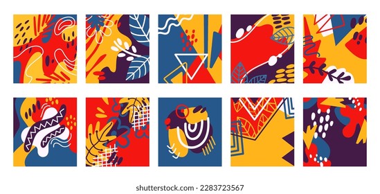 Abstrakte, helle, trendige Plakate, die kreide Hintergründe für Spaß zeichnen. Lebhafte organische Formen und Texturen, Blätter und Äste. Neoterische Vektorgrafik, modern