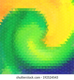 Abstract bright triangle background in the colors of the Brazilian flag. Vector illustration.