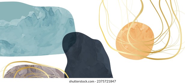Abstrakter heller Vektorhintergrund mit goldenen Linien und Steinen in blauen Tönen. Aquarelltextur und Gold für Banner, Poster, Web und Verpackung.	