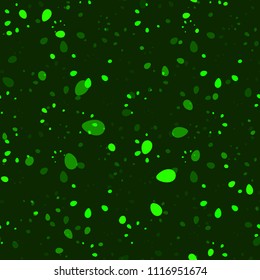 Abstract bright vector hand drawn floral seamless pattern on a dark green background with green leafs. For the design of fabrics and paper in summer and floral style.