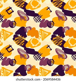 Abstract bright vector pattern. Hand Drawing shaped elements. Purple, orange, beige colors. Tornado shaped elements, lines, dots, circles, spiral, square, cell elements. Decorative texture. Style art.