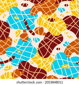 Abstract bright vector seamless pattern. Multi-colored shapes, spots, lines. For prints in fabrics, textiles, wrapping paper.