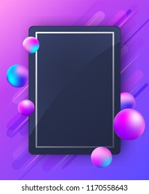 Abstract bright vector trendy background with falling balls. Blue and violet spheres on colorful gradient background.