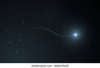 Abstract bright wave with glitters. Glowing star with blue wave, abstract neon line on a dark background.