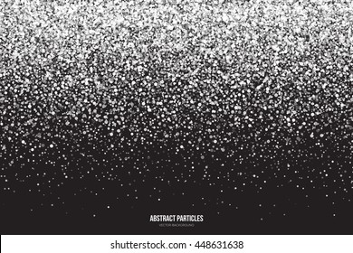 Abstract bright white shimmer glowing round particles vector background. Snowfall effect. Falling scatter shine tinsel light explosion. Celebration, holidays and party illustration