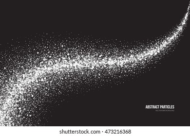Abstract bright white shimmer glowing round particles vector background. Snowfall effect. Falling scatter shine tinsel light explosion. Celebration, holidays and party illustration