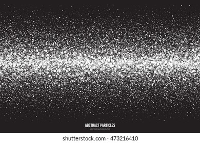 Abstract bright white shimmer glowing round particles vector background. Snowfall effect. Falling scatter shine tinsel light explosion. Celebration, holidays and party illustration