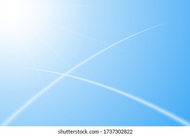 Abstract bright white shining sun to the left on a clear blue sky, traces of airplanes. Summer, spring sunny day background. Vector illustration for design with copyspace

