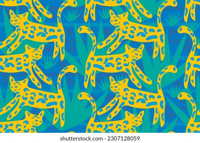 ABSTRACT BRIGHT WILDLIFE. CUTE ILLUSTRATION OF WILD CATS IN ETHNIC STYLE. Fashionable, seamless vector pattern for design and decoration.