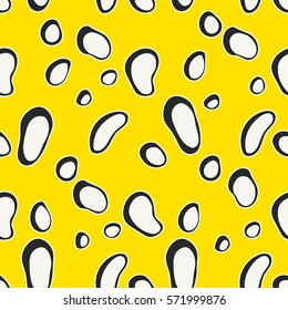 Abstract bright yellow background with hand drawn white round-shaped elements with black outline. Colorful repeating texture perfect for wallpapers, prints and decoration. Vector seamless pattern.