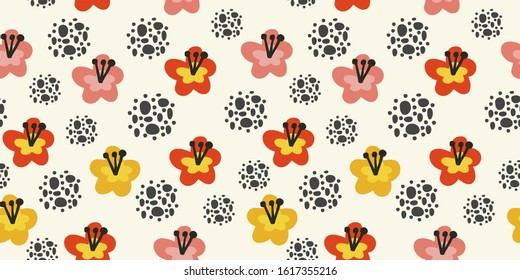 Abstract, bright, yellow, red, pink, tropical flowers with stamens and dots, geometric seamless pattern, vector 