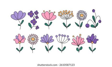 Abstract brightly colored flowers, berries, leaves. Floristic set of simple drawings of plants. Illustration, doodle on white isolated background.