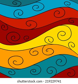 Abstract brightly colored hand drawn waves background.