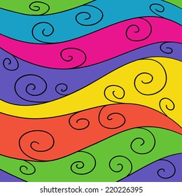 Abstract brightly colored hand drawn waves background.