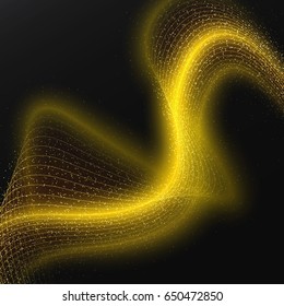 Abstract Brightly Golden Shiny Waves, Glittering Concept Elements on a Black  Background. Trendy Lines of Gold. Template with Effects for Banner, Card, Poster, Print. Vector Illustrations Design.