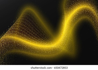 Abstract Brightly Golden Shiny Waves, Glittering Concept Elements on a Black  Background. Trendy Lines of Gold. Template with Effects for Banner, Card, Poster, Print. Vector Illustrations Design.