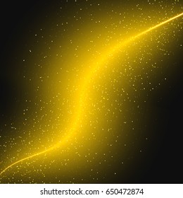 Abstract Brightly Golden Shiny Waves, Glittering Concept Elements with Dust on a Black  Background. Trendy Gold. Template with Effects for Banner, Card, Logo, Poster. Vector Illustrations Design.