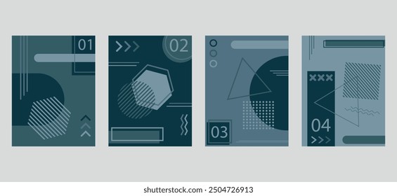 abstract brochure book covers set in modern minimalist geometric design. Memphis style background templates with circle, triangle, hexagonal and squares shapes elements composition