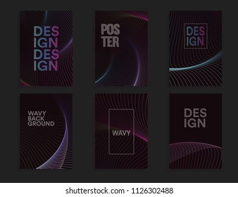 Abstract brochure cover design template set with wavy design on dark background, color wave vector illustration.