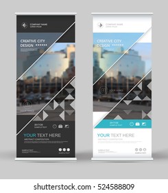 Abstract brochure cover set. White, black roll up design. Info banner frame. Ad text font. Title sheet model. Modern vector front page. City view brand flag. Blue triangle figure icon. Art flyer fiber