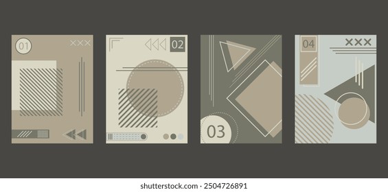 abstract brochure covers set in modern minimalist geometric design. Memphis style background templates with circle, triangle, hexagonal and squares shapes elements composition