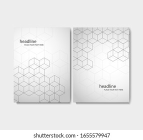 Abstract brochure with cube cell. Modern technology background  with a square grid. Digital geometric abstraction with line and dots.