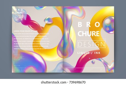 Abstract brochure design, flowing liquid bubble and colorful elements on beige background, holographic style