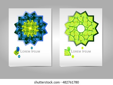 Abstract Brochure Design Lime and Kiwi in round shape. Business concept vector brochure. Presentation page. Modern flyer template. Brochure blank page. Brochure layout.