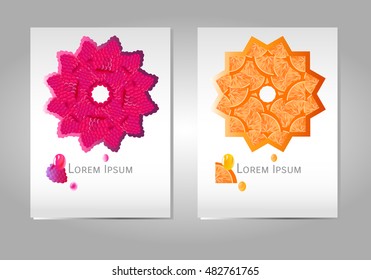 Abstract Brochure Design Raspberry and Orange in round shape. Business concept vector brochure. Presentation page. Modern flyer template. Brochure blank page. Brochure layout.