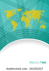 Abstract brochure design with world map and various tire tracks 