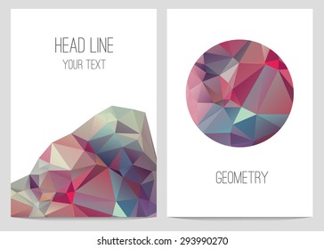 Abstract brochure and flyer covers with geometric crystal circles  in polygonal style. 
