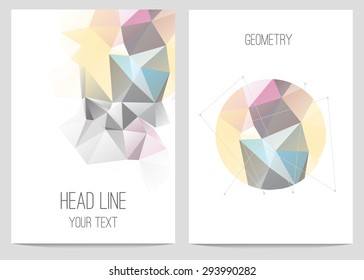 Abstract brochure and flyer covers with geometric crystal circles in polygonal style for business presentation. 