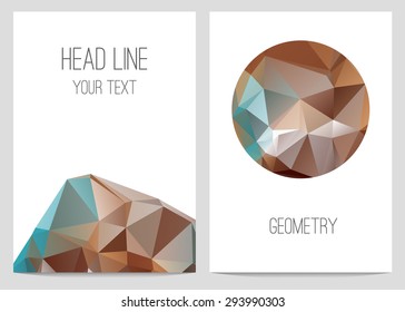 Abstract brochure and flyer covers with geometric crystal circles  in polygonal style. 