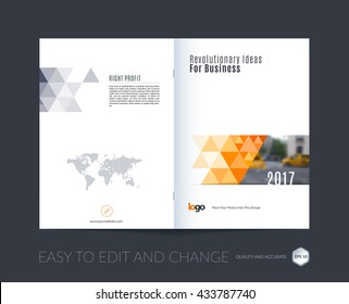 Abstract brochure template, cover design annual report, magazine, flyer, leaflet in A4 with orange triangular shapes for business, technology in polygonal style with overlay effect. Vector.