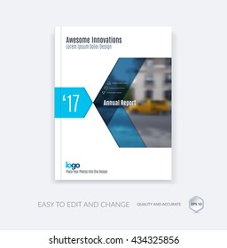 Abstract brochure template, cover design annual report, magazine, flyer, leaflet in A4 with blue triangular shapes for business, technology in material design style with overlay effect. Vector.