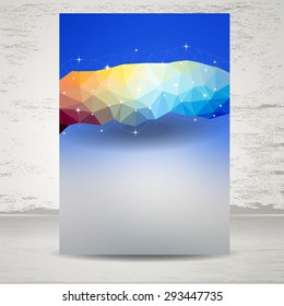 abstract brochure template with polygon multicolored abstract shape over blurred nature background, sky, cloud, vector illustration. Web and mobile interface template. 