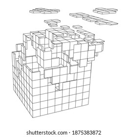 Abstract broken 3d cube. Broken polygonal form. Destruction effect. Vector illustration