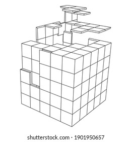 Abstract broken 3d cube. Broken polygonal form. Destruction effect. Vector illustration	
