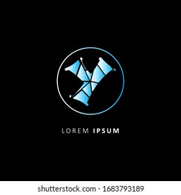 Abstract broken glass on the letter Y logo with circle. Isolated realistic cracked glass effect, concept element. Vector Illustration